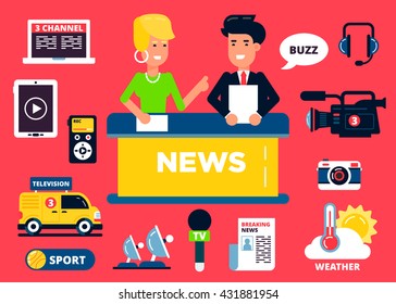 News design concept set of flat icons: notebook, tablet, phones, car, phoneheads, microphone, photocamera, videocamera, chat, two characters. Vector flat illustration. Text could be easily removed. 
