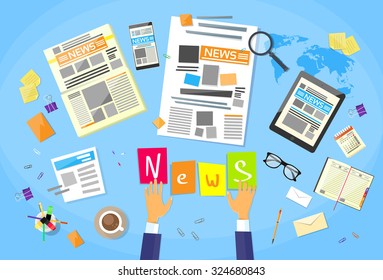 News Editor Desk Workspace, Concept Making Newspaper Creating Article Writing Journalists Flat Vector Illustration