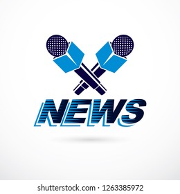 News and facts reporting vector logo composed using world news inscription and journalistic microphone equipment.