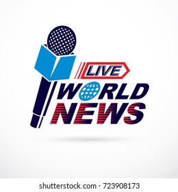 News And Facts Reporting Vector Logo Composed Using World News Inscription And Journalistic Microphone Equipment.