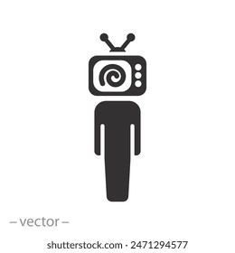 news fake manipulation icon, television addiction, influence media propaganda, lost person with tv monitor, flat symbol on white background - vector illustration