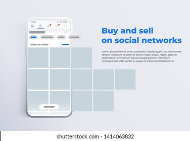 News feed in a social network in the form of a grid. Promotion in social media. Smartphone with social network interface. Screen phone with the application. Design template from landing page or banner