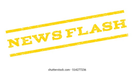 News Flash watermark stamp. Text tag between parallel lines with grunge design style. Rubber seal stamp with unclean texture. Vector yellow color ink imprint on a white background.