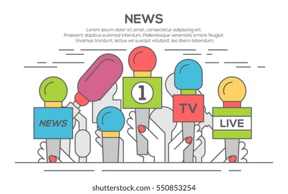 news flat banner poster. Set of microphone. Media tv and interview, information for television, broadcasting mass and communication, collection microphones in hand, thin line, flat design