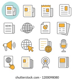 News flat line icons. Set of media, document, information, publication and more. Editable Stroke.