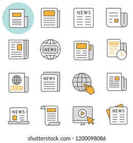 News flat line icons. Set of media, document, information, publication and more. Editable Stroke.
