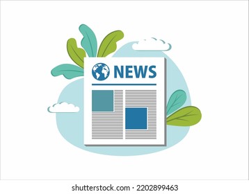 news flat vector illustration. Rolled daily newspaper in internet. Online news journal roll. Pages with various headlines