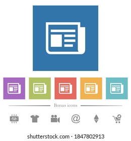 Noticias de iconos blancos planos en fondos cuadrados. 6 iconos de bonificación incluidos.