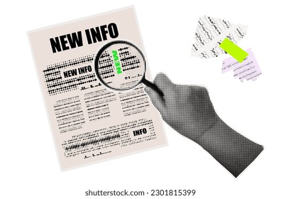 News, halftone collage. A woman's hand holds a magnifying glass, searches, enlarges, reads significant information in the newspaper. Research in the media, social networks. Contemporary art, vector.