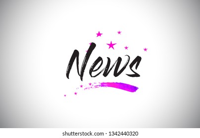 News Handwritten Word Font With Vibrant Violet Purple Stars And Confetti Illustration.