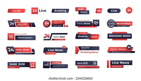 Pancarta de titulares de noticias. Interfaz de encabezado de canal de televisión de difusión, información de barra inferior de televisión, pegatina de vídeo en directo. Conjunto aislado de vectores de difusión de encabezado de canal, ilustración de noticias de titular