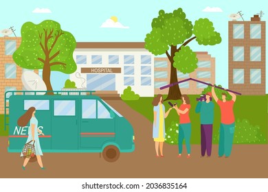 News from hospital doctor talk with journalist, vector illustration, conference speech for tv media, reporter speak with woman paramedic