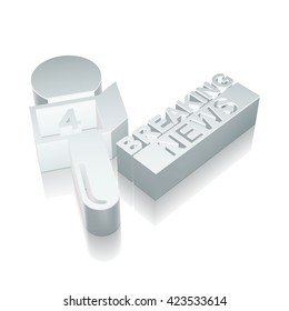 News icon: 3d metallic Breaking News And Microphone with reflection on White background, EPS 10 vector illustration.