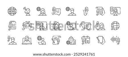News icon collection. Correspondent icon set. News design. Linear style. Vector icons