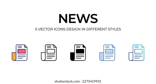 news Icon Design in Five style with Editable Stroke. Line, Solid, Flat Line, Duo Tone Color, and Color Gradient Line. Suitable for Web Page, Mobile App, UI, UX and GUI design.