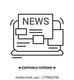 News Icon. Laptop Computer Screen With Newspaper Article Linear Pictogram. Internet Journalism, Mass Media And Public Information Resources Concept. Editable Stroke Vector Illustration