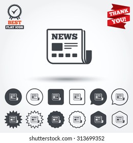News icon. Newspaper sign. Mass media symbol. Circle, star, speech bubble and square buttons. Award medal with check mark. Thank you. Vector