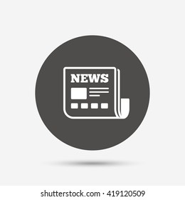 News icon. Newspaper sign. Mass media symbol. Gray circle button with icon. Vector