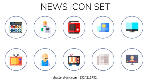 news icon set. 10 flat news icons.  Simple modern icons about  - watercolor, television, press, journalist, tv, newspaper