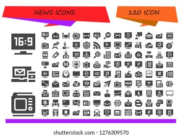  news icon set. 120 filled news icons. Simple modern icons about  - Television, Tv, Email, Billboard, Blogger, Feed, News, News reporter, Rss, Press, Writer, Newspaper, Multimedia