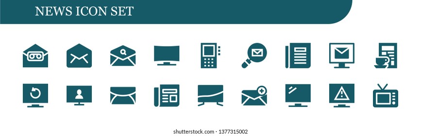 news icon set. 18 filled news icons.  Collection Of - Email, Television, Dictaphone, Newspaper