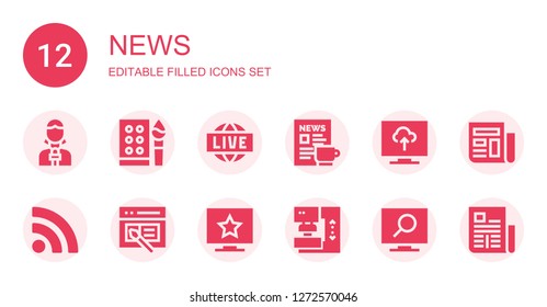 news icon set. Collection of 12 filled news icons included News reporter, Watercolor, Live, Newspaper, Television, Rss, Interface, Press, News