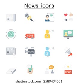 News icon set in flat color style