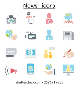 News icon set in flat color style