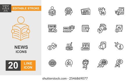 Conjunto de ícones de notícias. Informações, mídia, jornal, televisão, vídeo e mais ícone de linha. Ícone de traçado editável.