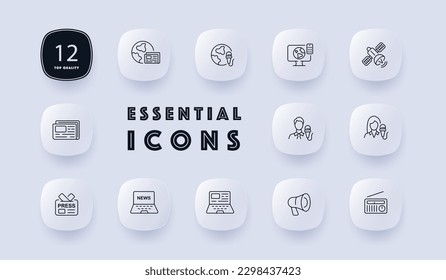 News icon set. News media, journalism, reporting, and broadcasting. News outlet, current events. Information concept. Neomorphism style. Vector line icon for Business and Advertising