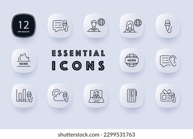 News icon set. News media, journalism, reporting, and broadcasting. News outlet, current events. Information concept. Neomorphism style. Vector line icon for Business and Advertising