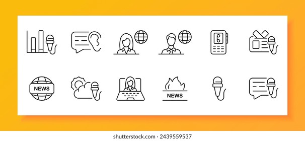 News icon set. Microphone, schedule, reporter, message, ticker, audience, prime time. Black icon on a white background. Vector line icon for business and advertising