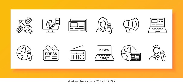 Conjunto de iconos de noticias. Satélite, reportero, altavoz, portátil, prensa, periódico, radio. Icono negro sobre fondo blanco. Icono de línea vectorial para negocios y publicidad