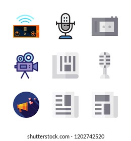 news icon set. vector set about microphone, remote control, recorder and megaphone icons set.