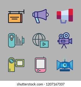 news icon set. vector set about camcorder, advertisement, megaphone and video camera icons set.