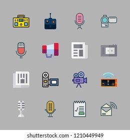news icon set. vector set about video camera, camcorder, remote control and newspaper icons set.