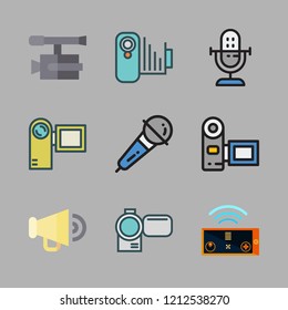news icon set. vector set about microphone, video camera, camcorder and megaphone icons set.