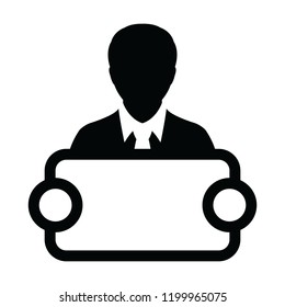 News icon vector male person profile avatar symbol with signboard for advertising campaign in glyph pictogram illustration