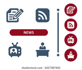 News Icons. Journalism, Press, Media, Writing, RSS Feed, TV, Presenter, News Anchor Icon. Professional, 32x32 pixel perfect vector icon.