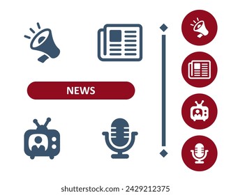 Iconos de noticias. Periodismo, prensa, medios de comunicación, megáfono, periódico, televisión, icono de micrófono. Profesional, icono de vector perfecto de 32x32 píxeles.