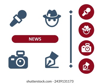 News Icons. Journalism, Press, Media, Microphone, Reporter, Journalist, Camera, Pen Icon. Professional, 32x32 pixel perfect vector icon.