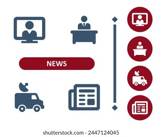 Nachrichten-Symbole. Journalismus, Presse, Medien, TV, Moderator, Nachrichten-Moderator, Nachrichten-Van, Zeitungssymbol. Professionelles Symbol für perfekte Vektorgrafik mit 32 x 32 Pixeln.