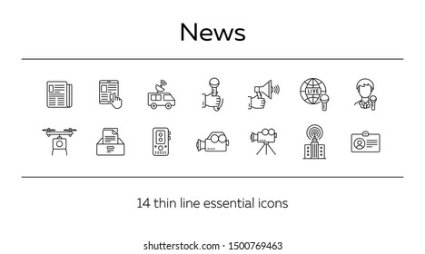 News icons. Line icons collection on white background. Newspaper, drone, broadcasting. Media concept. Vector illustration can be used for topics like communication, information, journalism