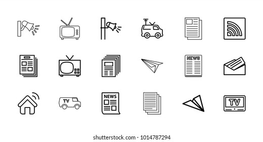News icons. set of 18 editable outline news icons: tv, news, paper plane, newspaper, tv van, megaphone, wi-fi, letter