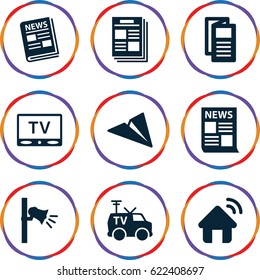 News icons set. set of 9 news filled icons such as news, TV van, megaphone, TV, house signal, newspaper