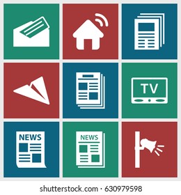 News icons set. set of 9 news filled icons such as news, megaphone, letter, tv, house signal, newspaper
