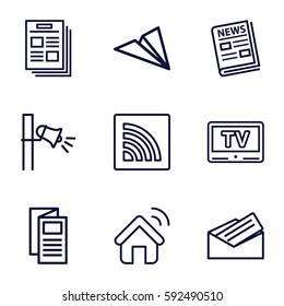 news icons set. Set of 9 news outline icons such as news, megaphone, wi-fi, letter, TV, house signal, paper plane