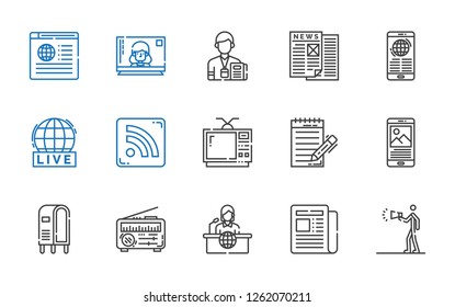 news icons set. Collection of news with advertising, newspaper, news report, letterbox, journalist, television, rss feed, live. Editable and scalable news icons.