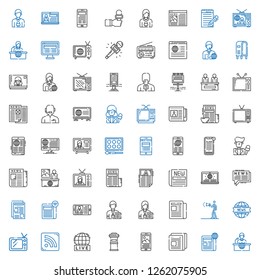 news icons set. Collection of news with news report, newspaper, letterbox, live, rss feed, tv, advertising, journalist, television, reporter. Editable and scalable news icons.