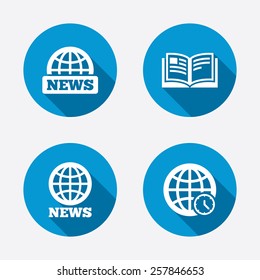 News icons. World globe symbols. Open book sign. Education literature. Circle concept web buttons. Vector